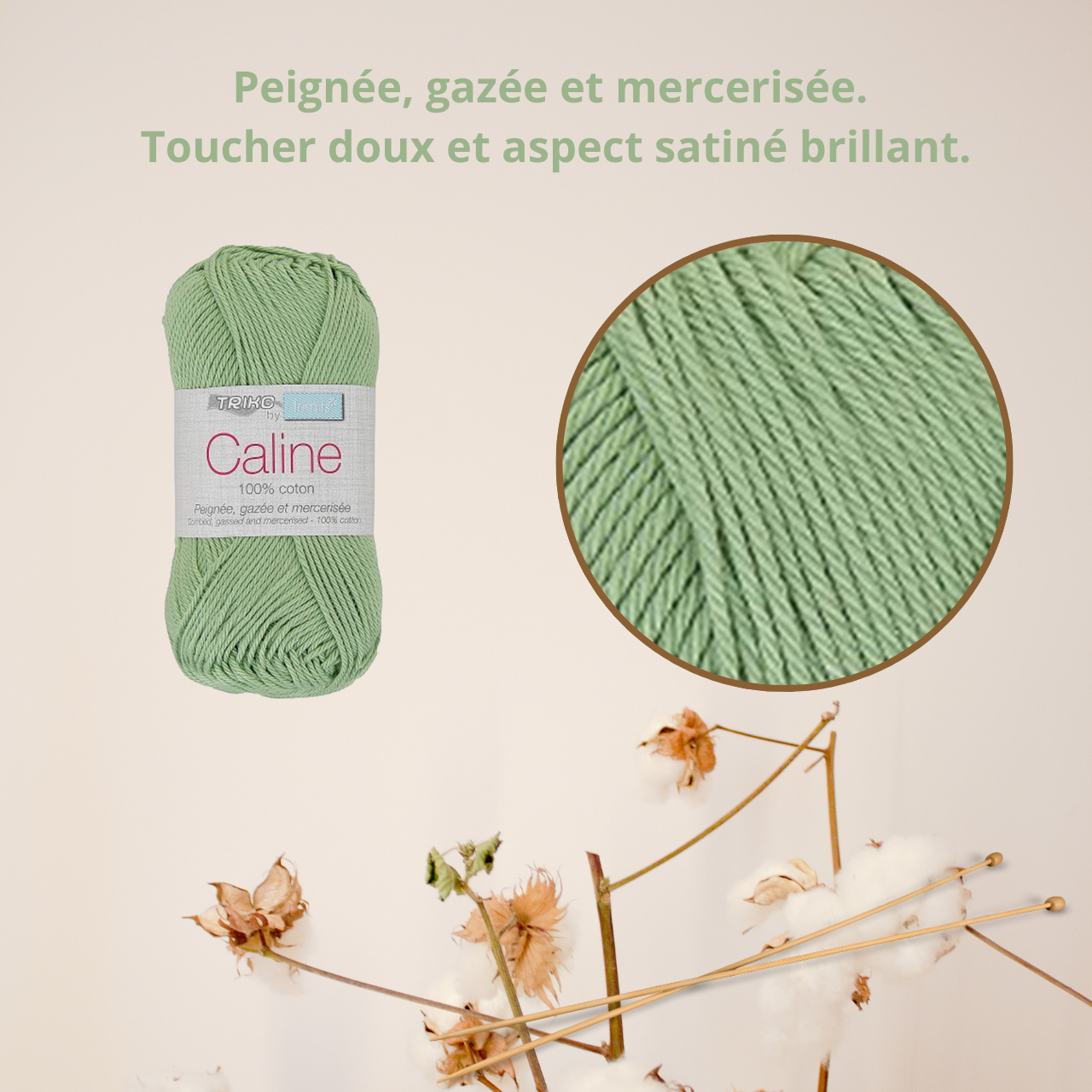 Fil à tricoter Caline - Vert clair - 100% coton - peignée, gazée et mercerisée