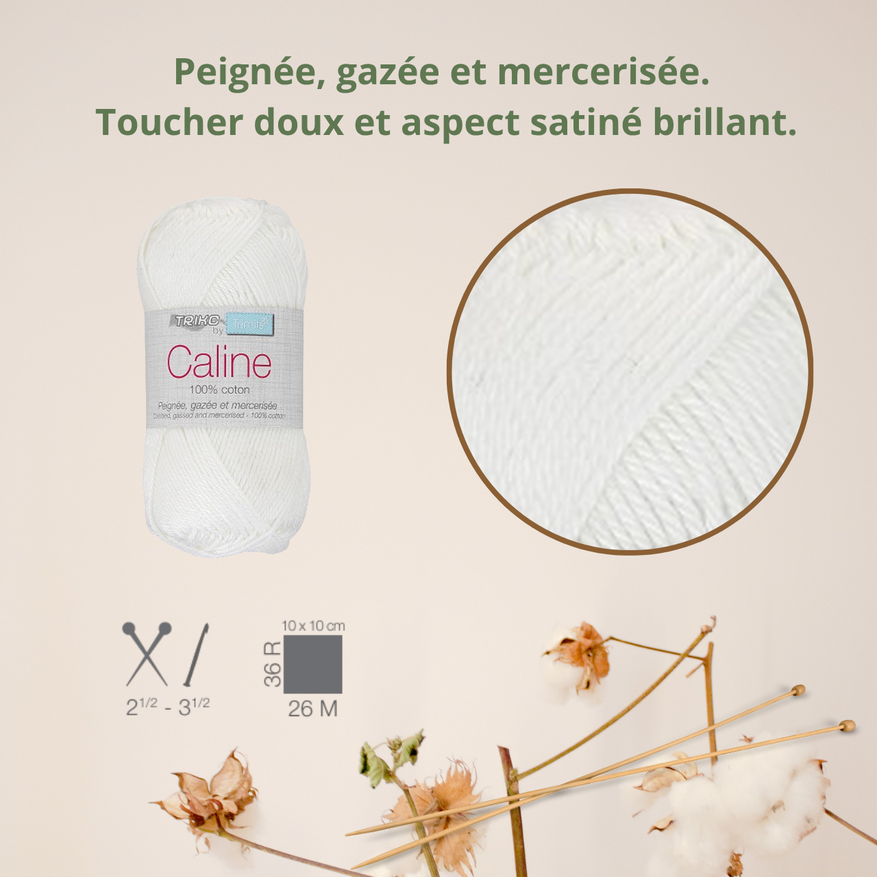 Fil à tricoter Caline - Blanc - 100% coton - peignée, gazée et mercerisée