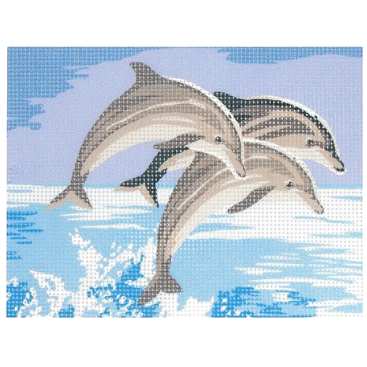 Kit canevas motif les 3 dauphins 15x20 cm avec toile imprimée, fils coton et aiguille. Canocea France.