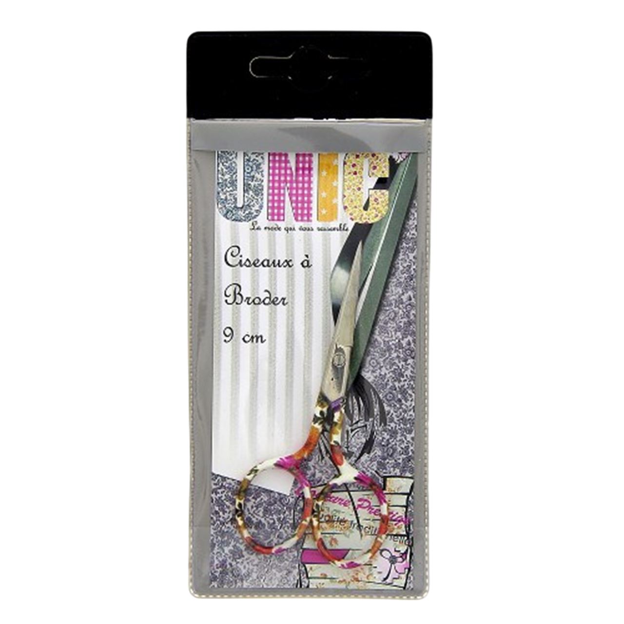 Ciseaux de broderie 9 cm à motif floral rouge et orange sur fond blanc, avec pointe fine pour travaux de couture délicats. Canocea