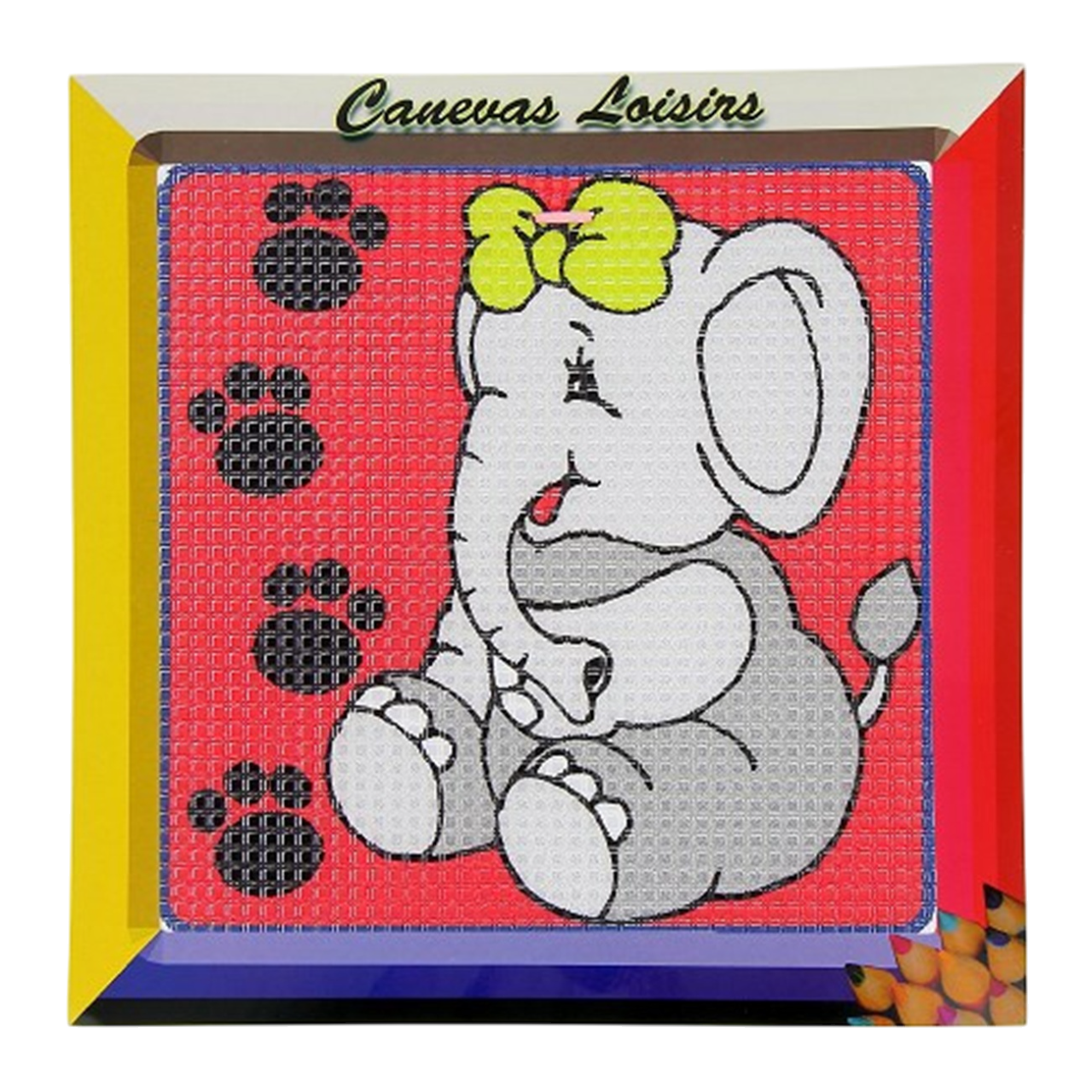 Kit canevas Éléphant assis 15x15 cm coton gros trous – broderie enfant. Canocea France
