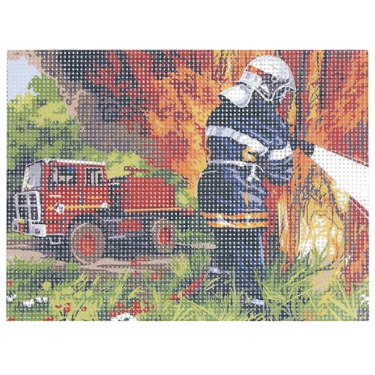 Kit canevas motif pompiers 15x20 cm avec toile imprimée, fils en coton et aiguille. Canocea France.