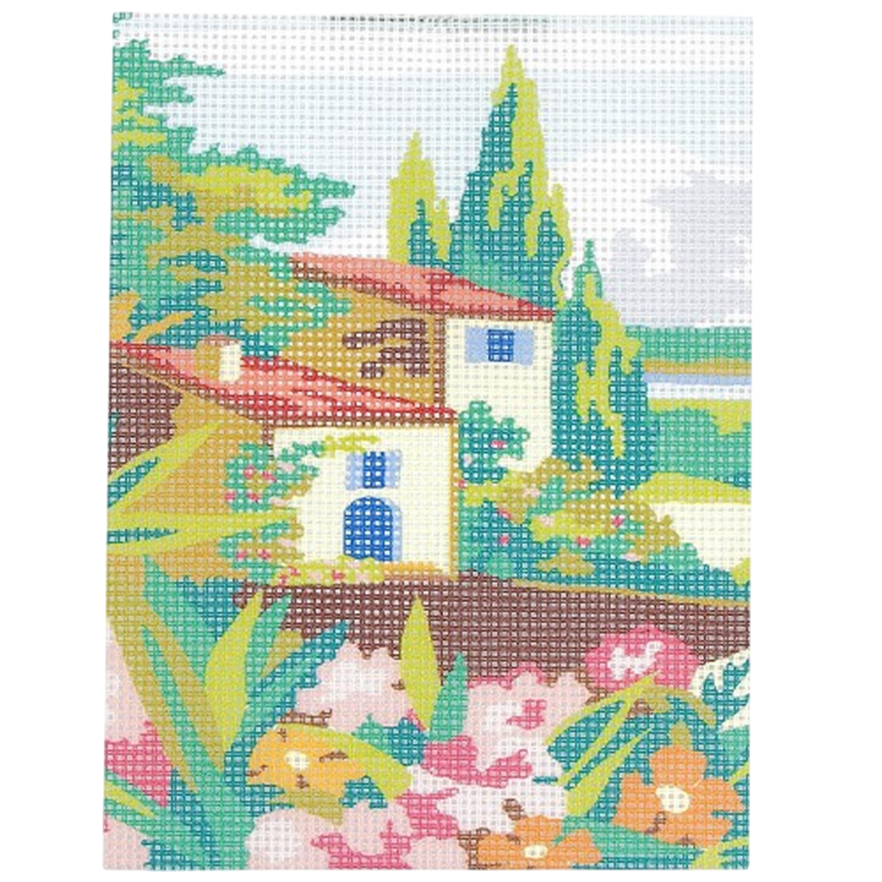 Kit canevas maison provençale 15x20 cm avec toile imprimée, fils et aiguille. Canocea France.