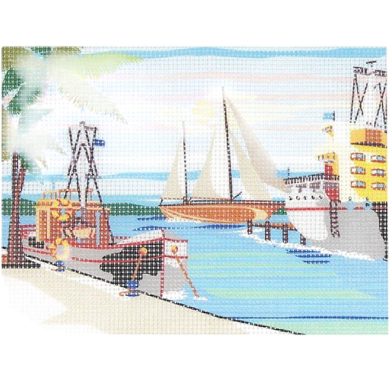 Kit canevas motif Port de pêche 15x20 cm avec toile imprimée, fils et aiguille. Canocea France.