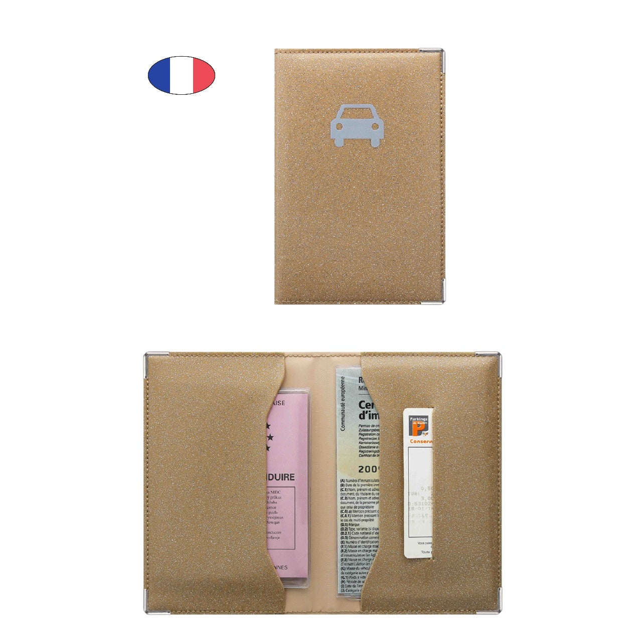 Porte papiers voiture scintillant beige – simili cuir – ancien permis et carte grise – fabriqué en France - canocea