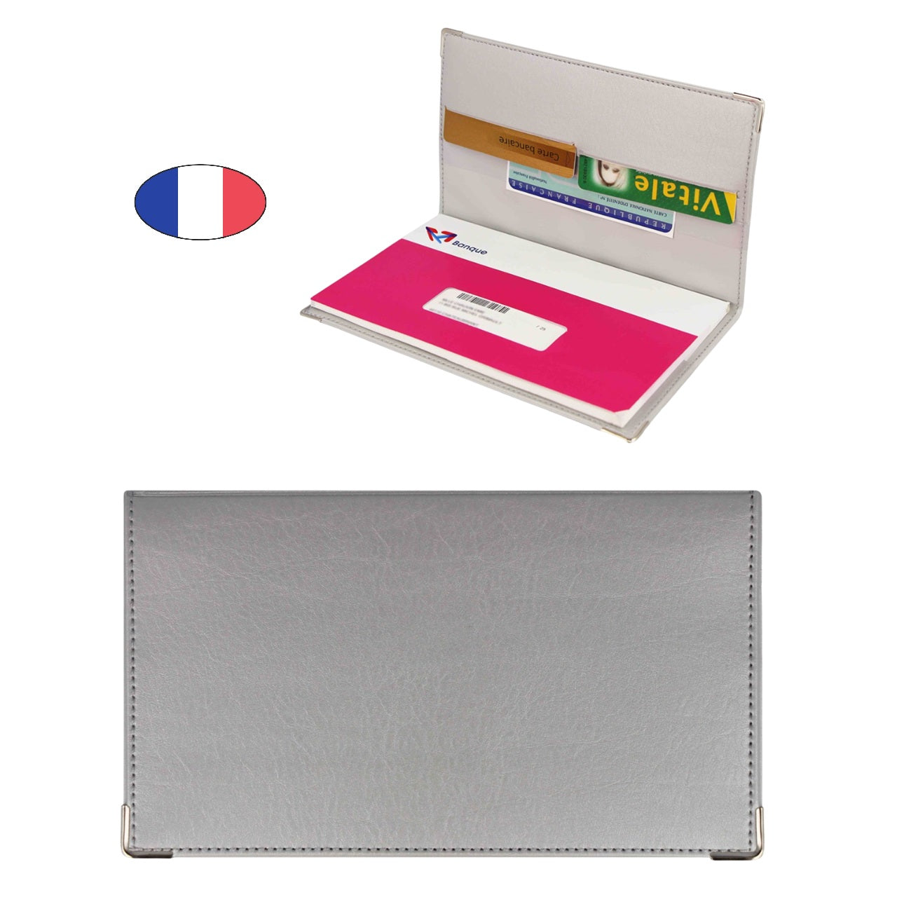 Porte-chéquier gris argent en simili cuir – Fabriqué en France – Rangement cartes billets papiers - canocea