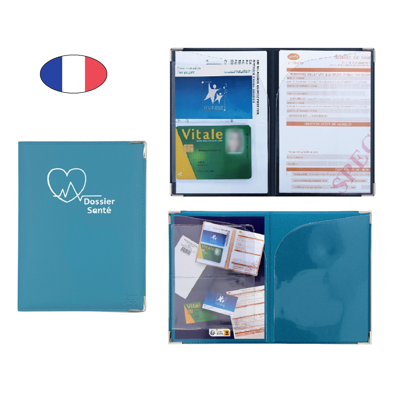 Etui santé - Bleu - Simili cuir - carte vitale + carte mutuelle + ordonnances- Fabriqué en France