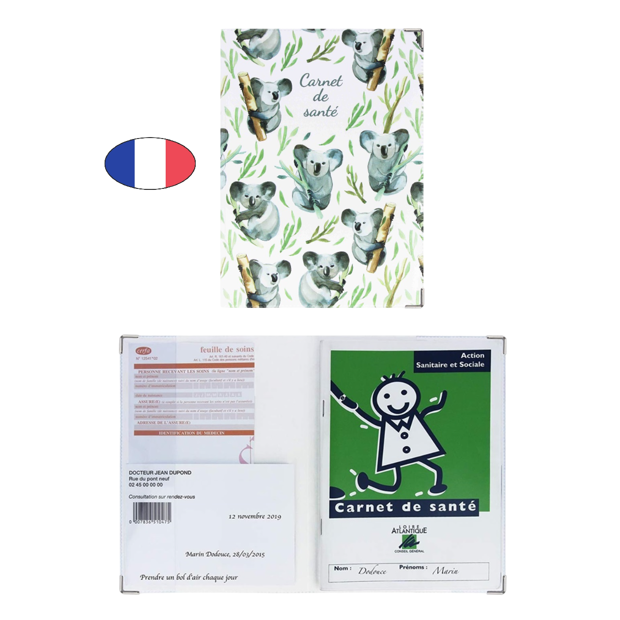 Protège carnet de santé motif koala – PVC – fabriqué en France – étui ordonnances imperméable végan - CANOCEA
