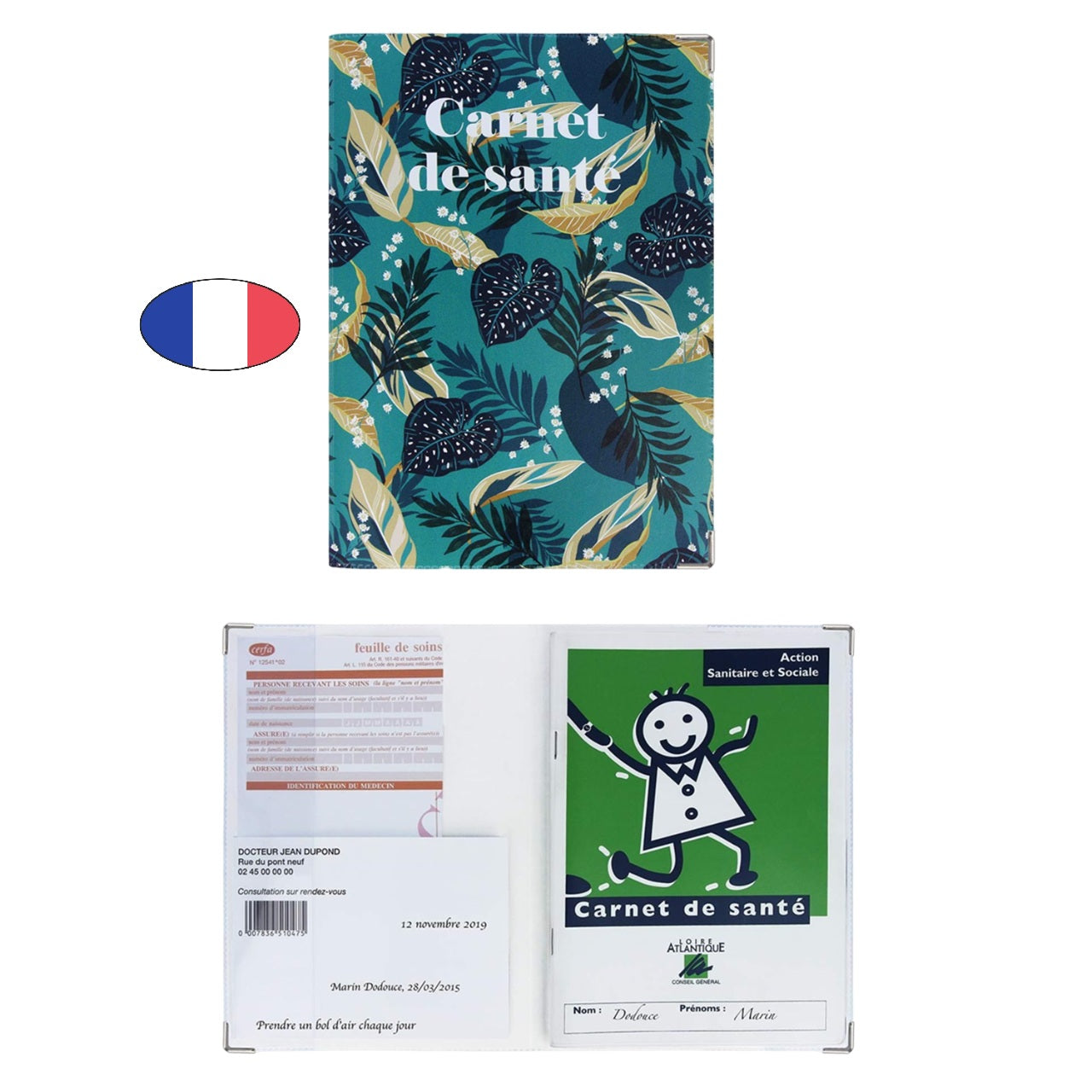 Protège carnet de santé motif feuillage – PVC – fabriqué en France – étui ordonnances bébé - canocea