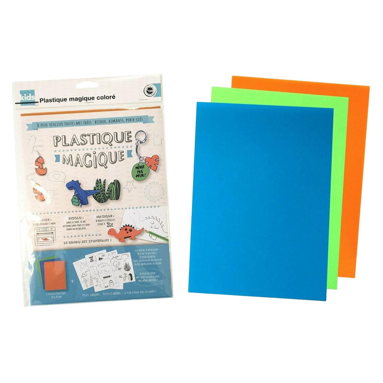 Kit plastique magique dinosaures – 3 feuilles colorées 20x28 cm – 30 dessins - canocea