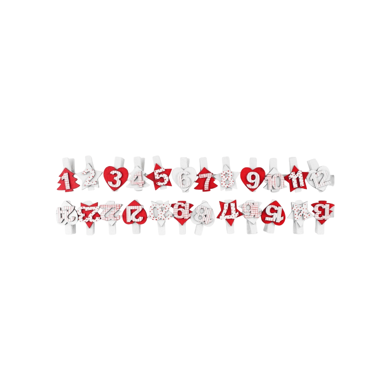 Pinces à linge en bois rouge et blanc avec chiffres pour calendrier de l’Avent, 24 pièces, 3,5 cm - canocea