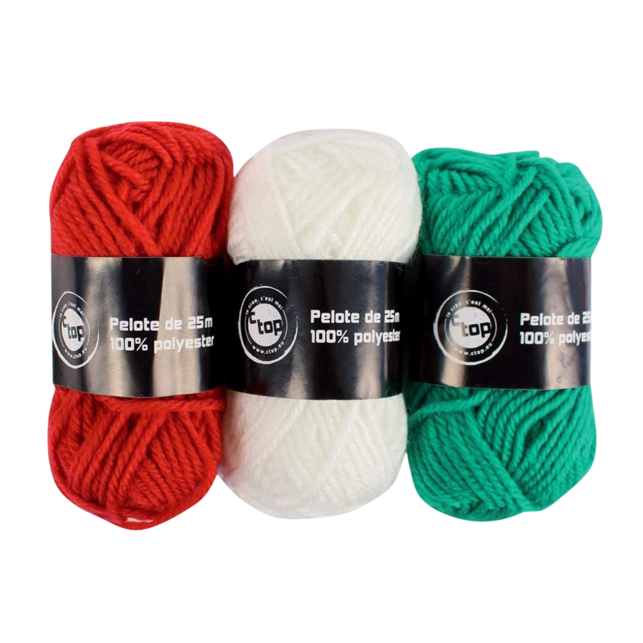 Lot de 4 mini pelotes de laine polyester rouge, blanc et vert 25 m. Canocea France