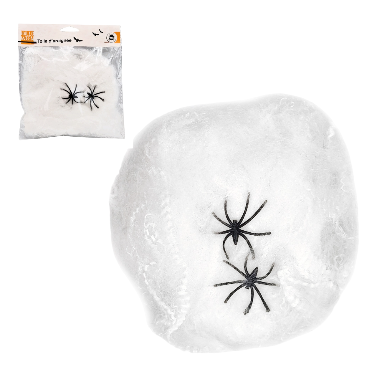 Toile d’araignée Halloween extensible blanche avec 2 araignées noires en plastique, sachet de 20 g. Canocea France