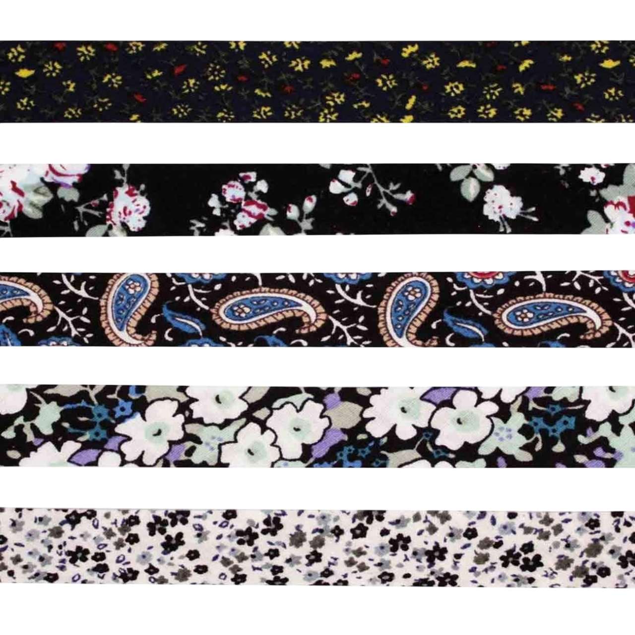 Biais coton - motif fleurs noir/blanc - 5 rubans - 1 cm x 1 m