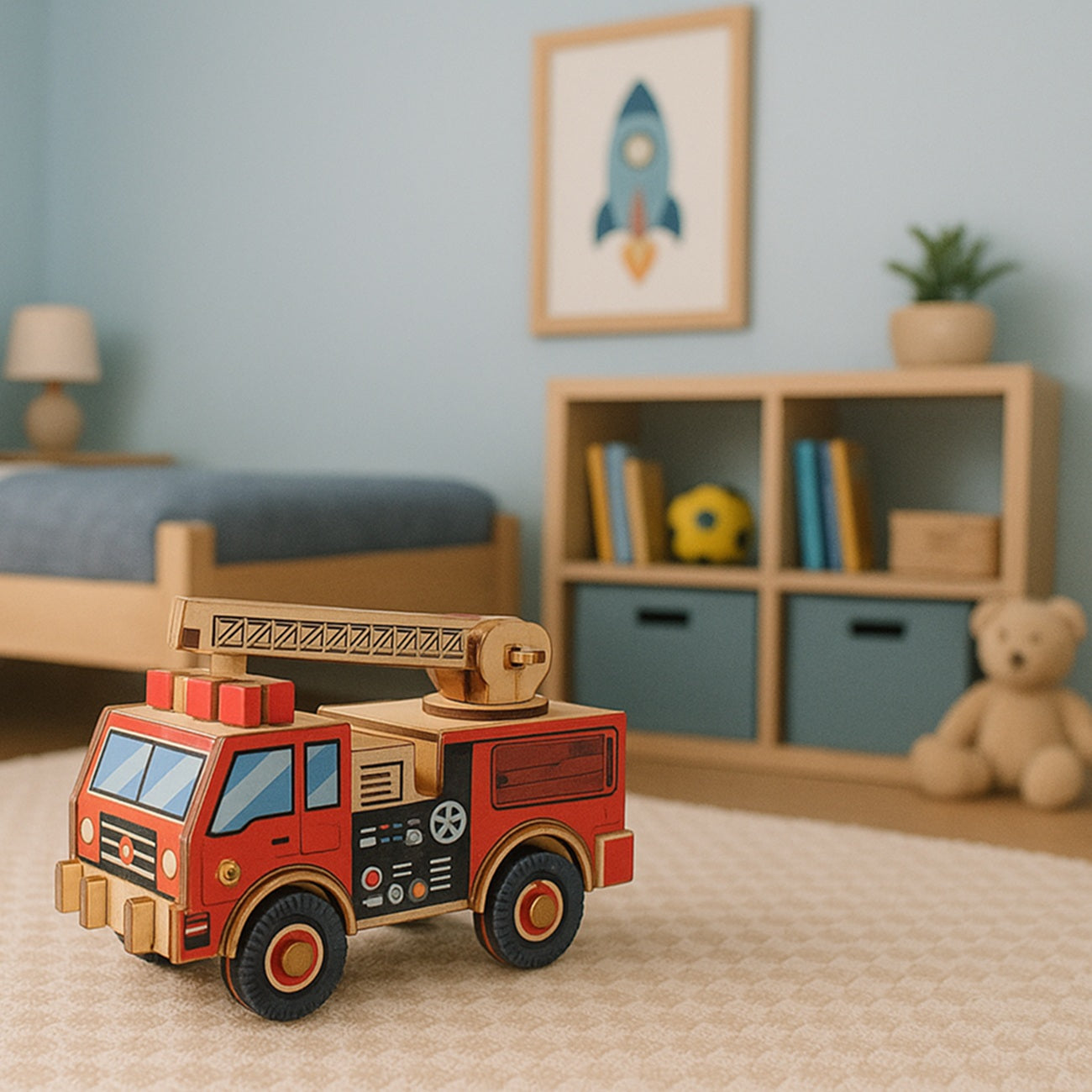 Camion de pompiers en bois à assembler – vue de face. Canocea France