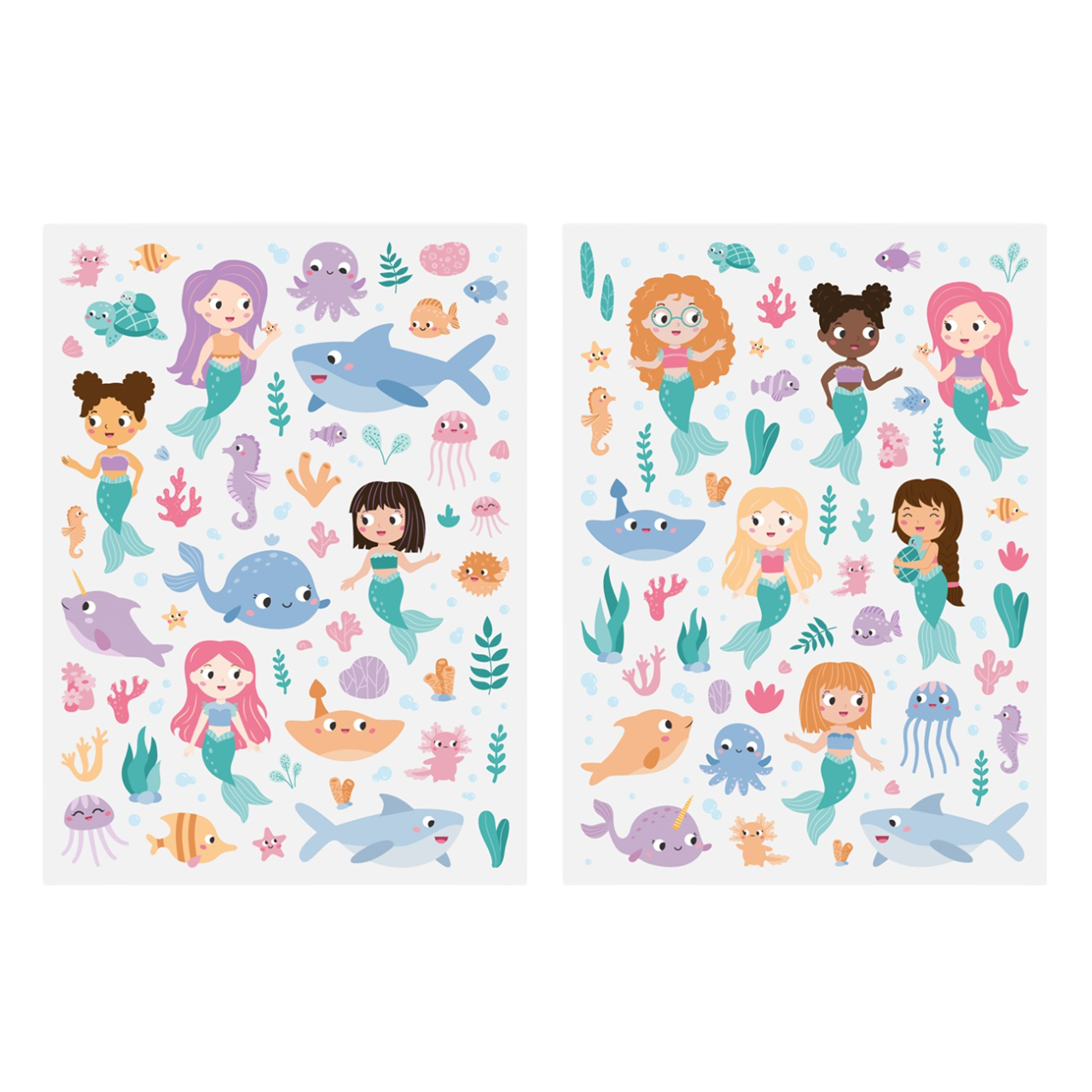 Planche de gommettes colorées représentant des sirènes, animaux marins et coraux, tailles de 0,4 à 7 cm, sur fond blanc. canocea