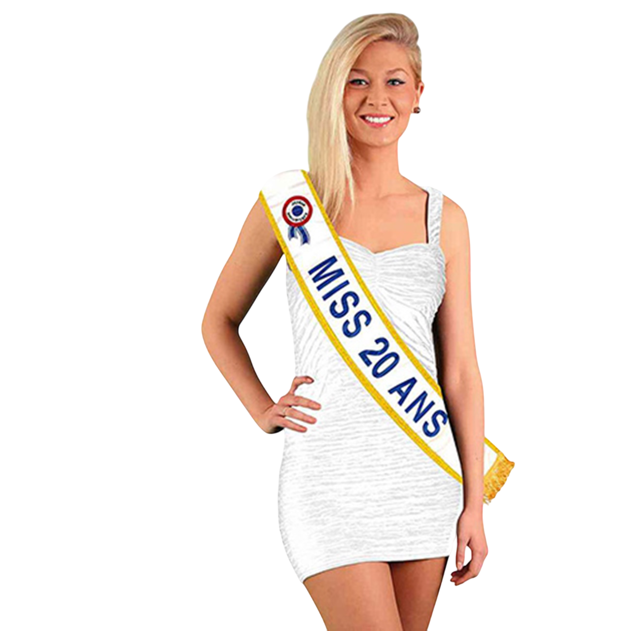 Écharpe MISS 20 ans satinée blanche pailletée avec bordure dorée. Canocea France