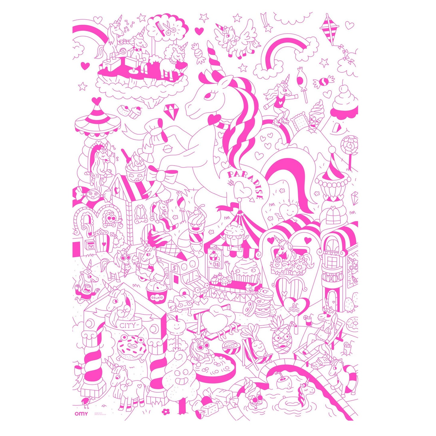 Poster Coloriage Géant - 100x70cm - LILY LICORNE paradis et arc en ciel - Fabriqué en France