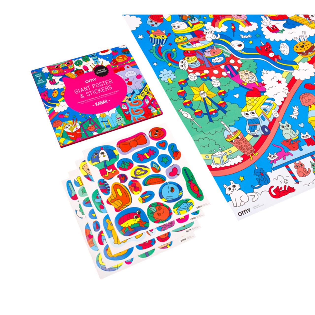 Poster géant - 100x70cm - KAWAII Japonais + 100 stickers pour le décorer - Fabriqué en France