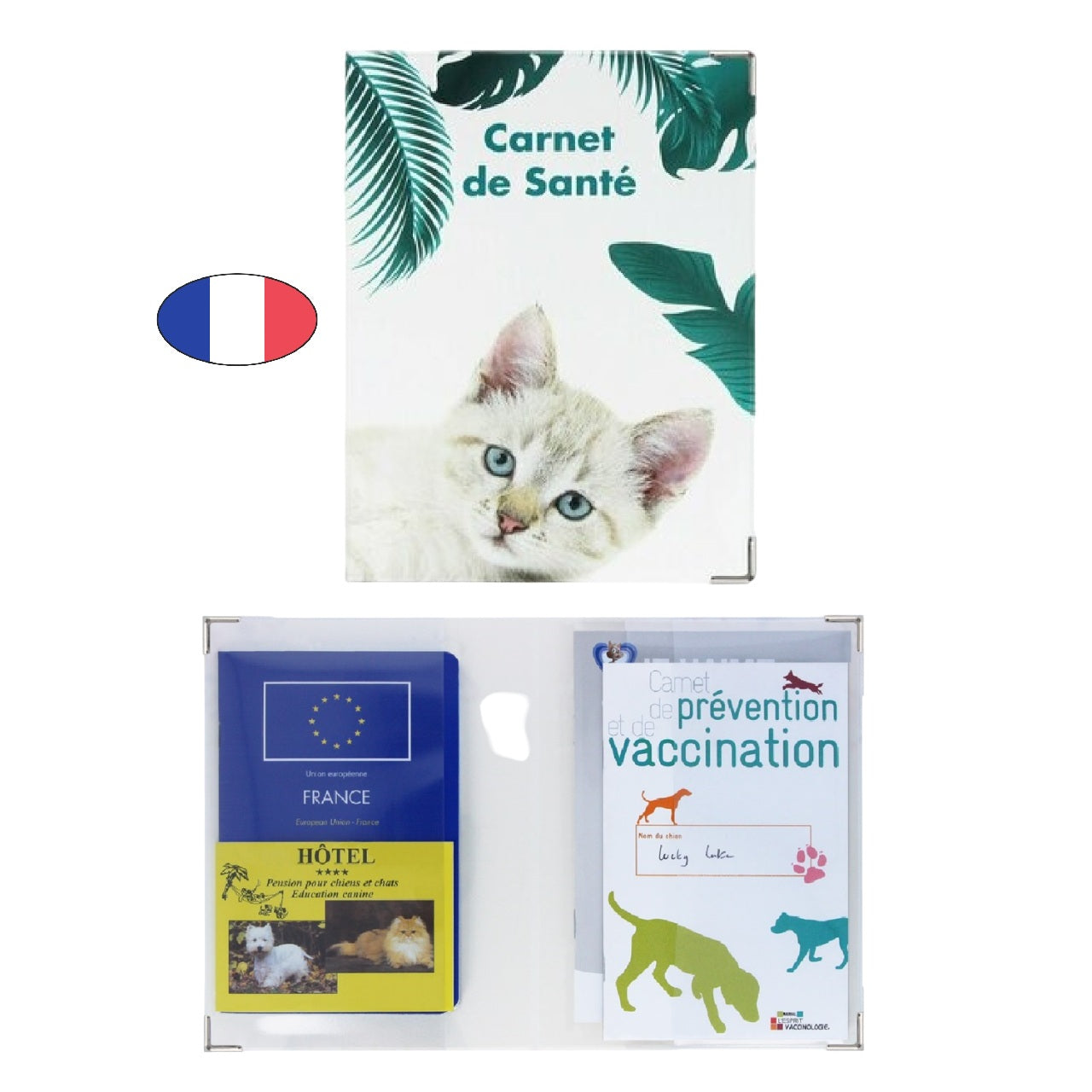 Porte documents animaux chaton dans feuillage – carnet de santé – fabriqué en France - canocea
