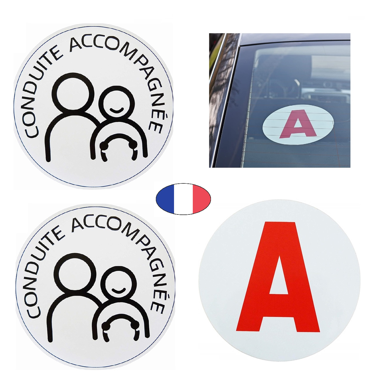Lot 3 Disques = 2 disques "CA" conduite accompagnée + 1 disque "A" jeune conducteur - Electrostatique - Fabriqué en France