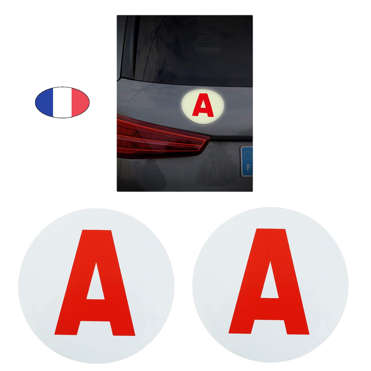 Lot 2 Disques "A" jeune conducteur - réfléchissant adhésif - Fabriqué en France - visibilité jour/nuit