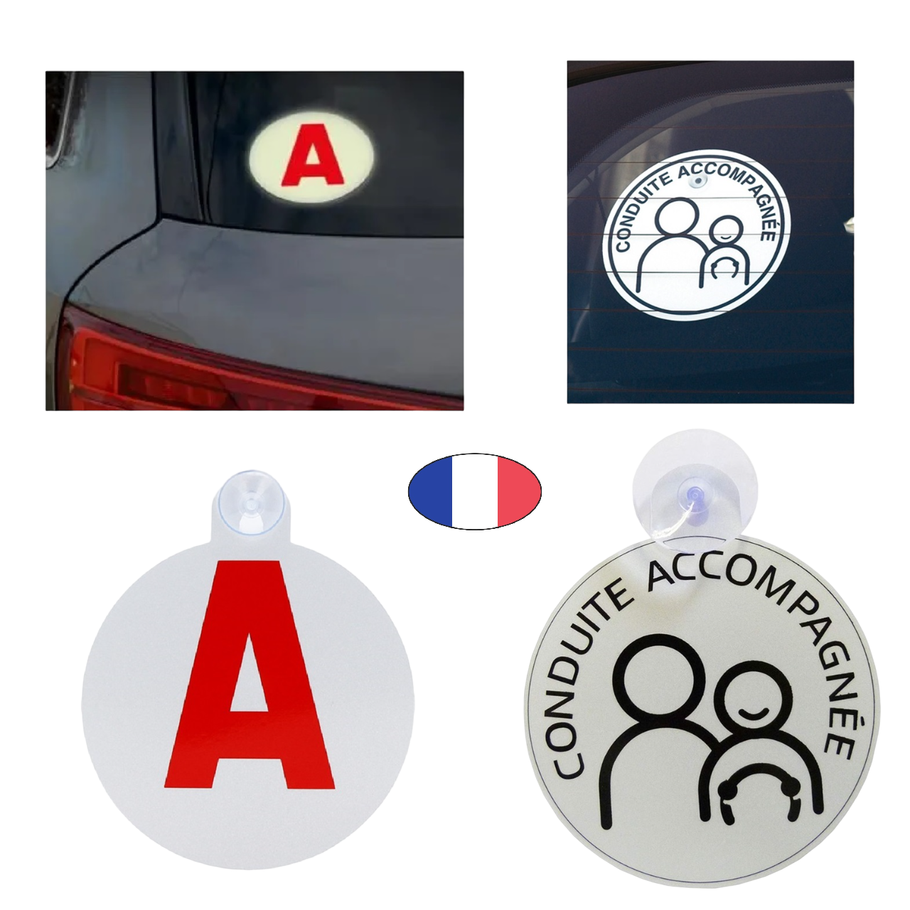 Lot 2 = Disque "A" jeune conducteur + Disque "CA" conduite accompagnée - réfléchissant à ventouse - Fabriqué en France - visibilité jour/nuit