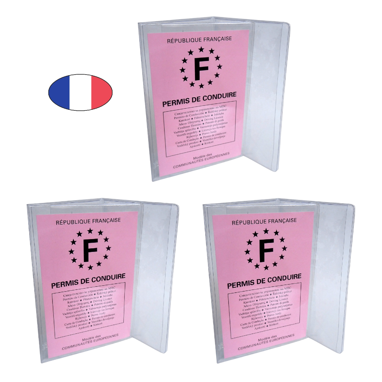 Lot 3 Etuis permis de conduire - cristal transparent - Fabriqué en France - Pochette voiture auto moto