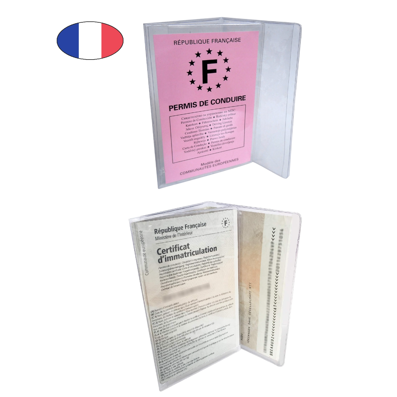 Lot Etui carte grise + étui permis de conduire - PVC cristal transparent -Fabriqué en France - Pochette voiture auto moto