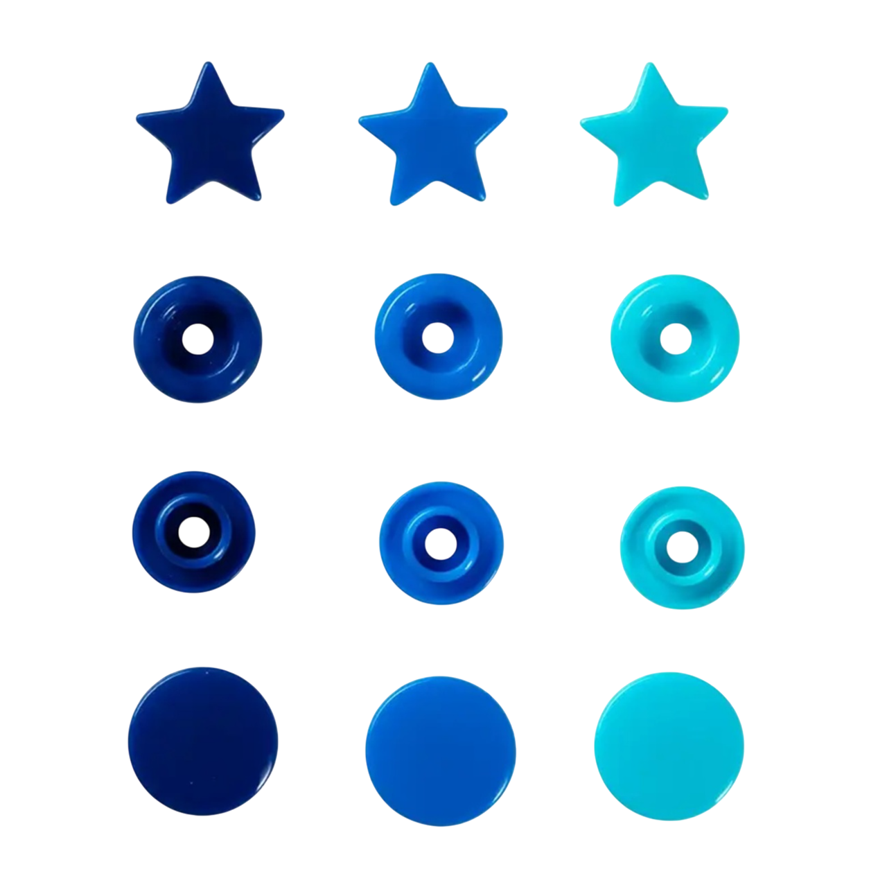 Boutons pression - Color snaps - étoiles - bleu/marine/turquoise - D12,4 mm - 21 pièces