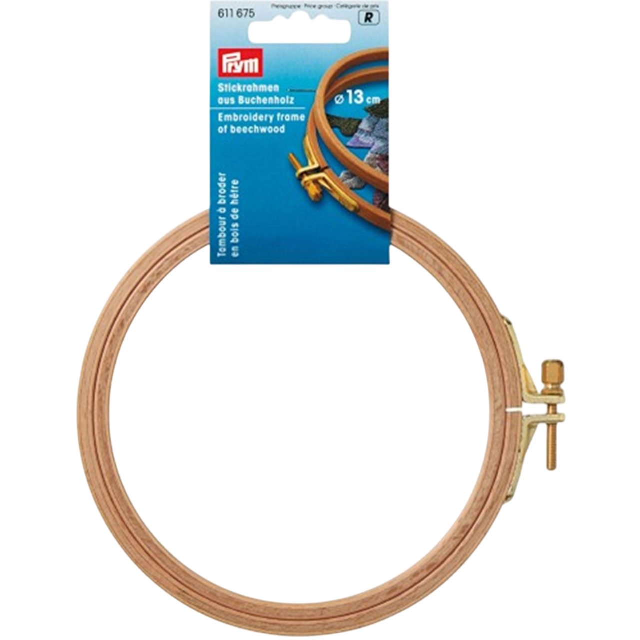 Tambour à broder circulaire de 13 cm en bois de hêtre clair, avec vis métallique de serrage. Posé sur une surface neutre, idéal pour les broderies fines et décoratives. Canocea
