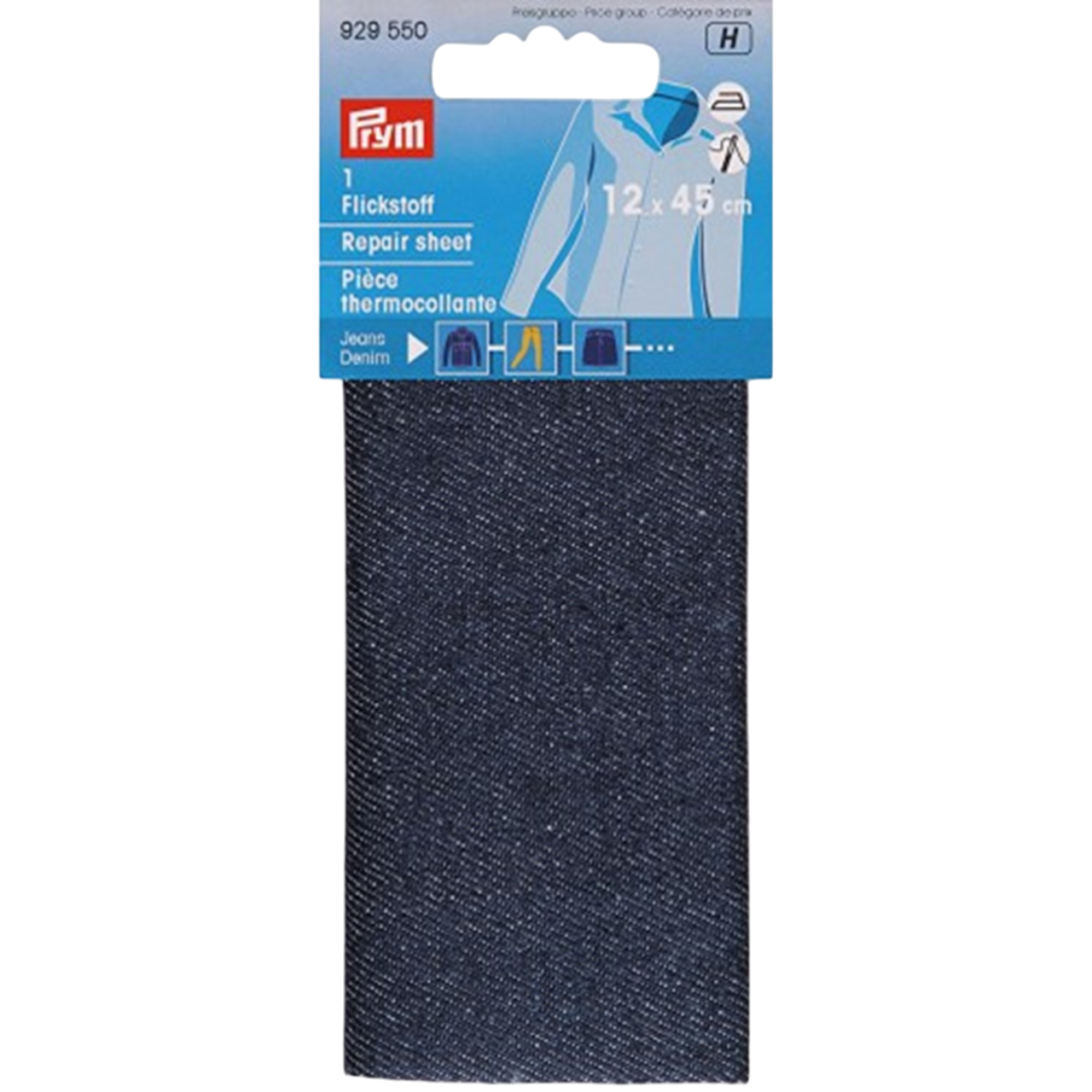 Patch thermocollant Prym en coton épais, coloris jeans foncé, format 12x45 cm. Présenté à plat sur fond neutre. canocea