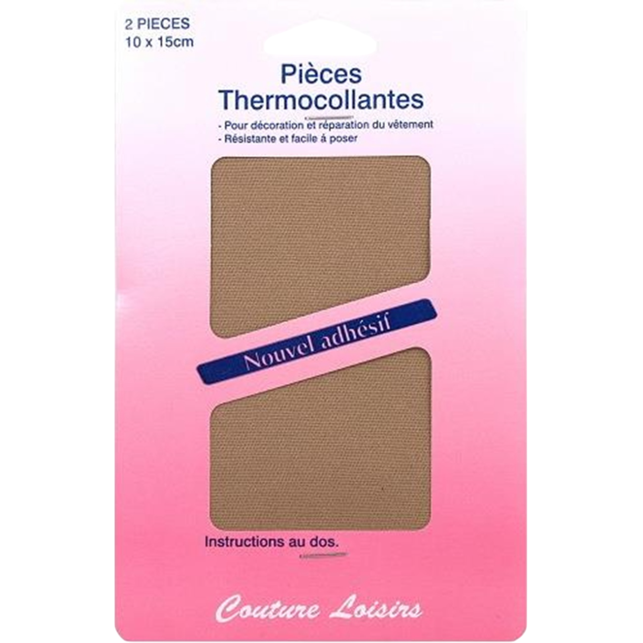 Deux pièces thermocollantes beige 10 x 15 cm en polyester posées sur un coussin en tissu synthétique. canocea