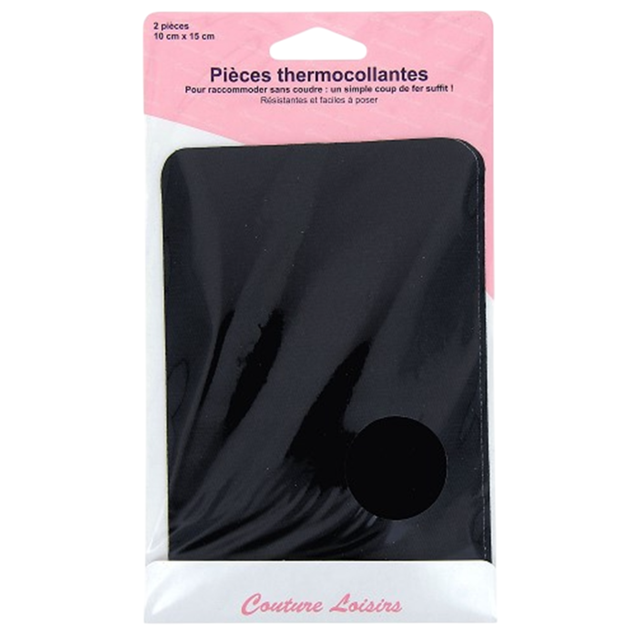 Deux pièces thermocollantes bleu marine 10 x 15 cm en polyester posées sur un blouson synthétique. Canocea