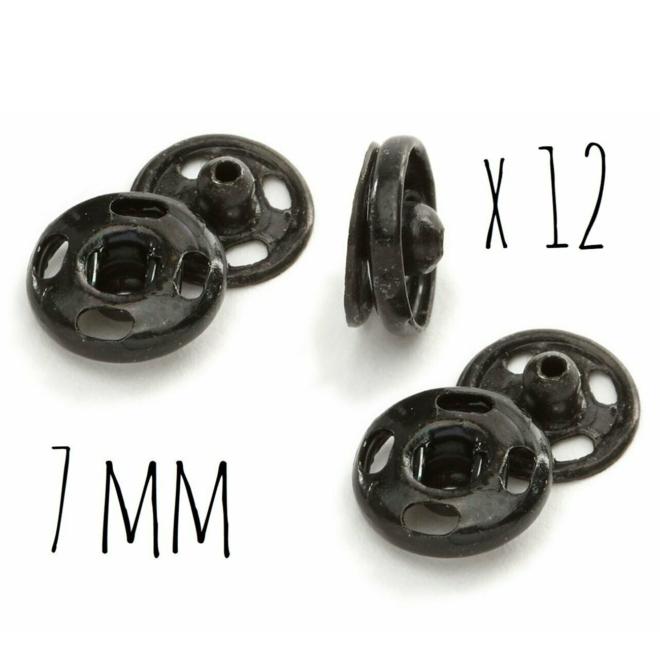 Boutons pression - 7 mm - Noir - 12 jeux - inoxydable - à coudre