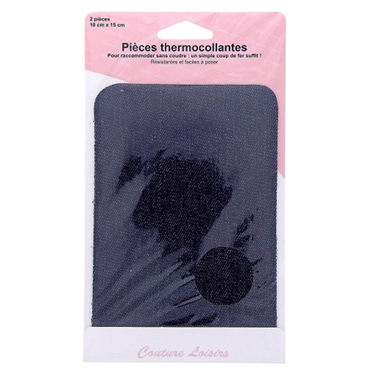 Deux pièces thermocollantes noires 10 x 15 cm en polyester posées sur un jean noir avec une zone réparée. Canocea