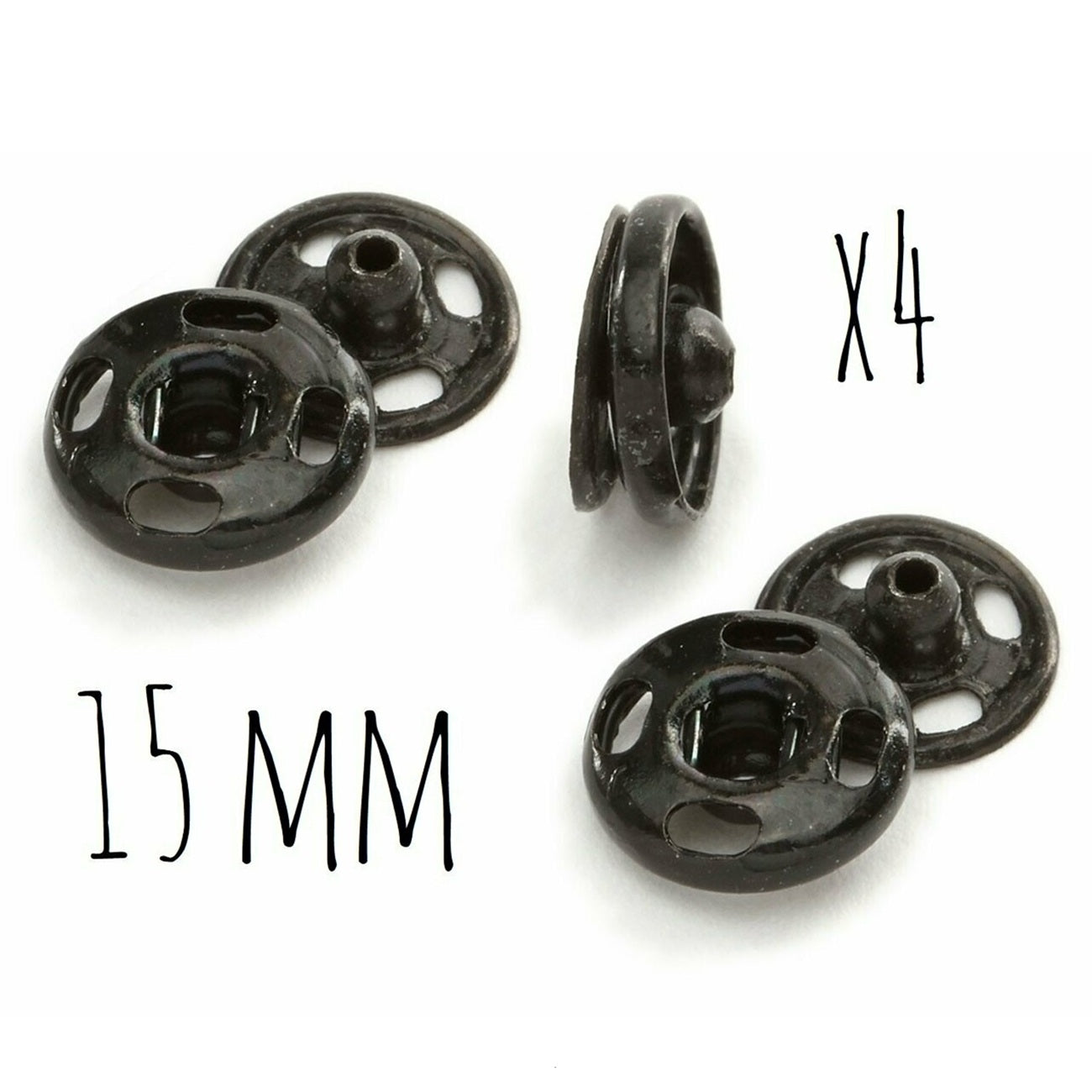 Boutons pression - 15 mm - noir - 4 jeux - inoxydable - à coudre