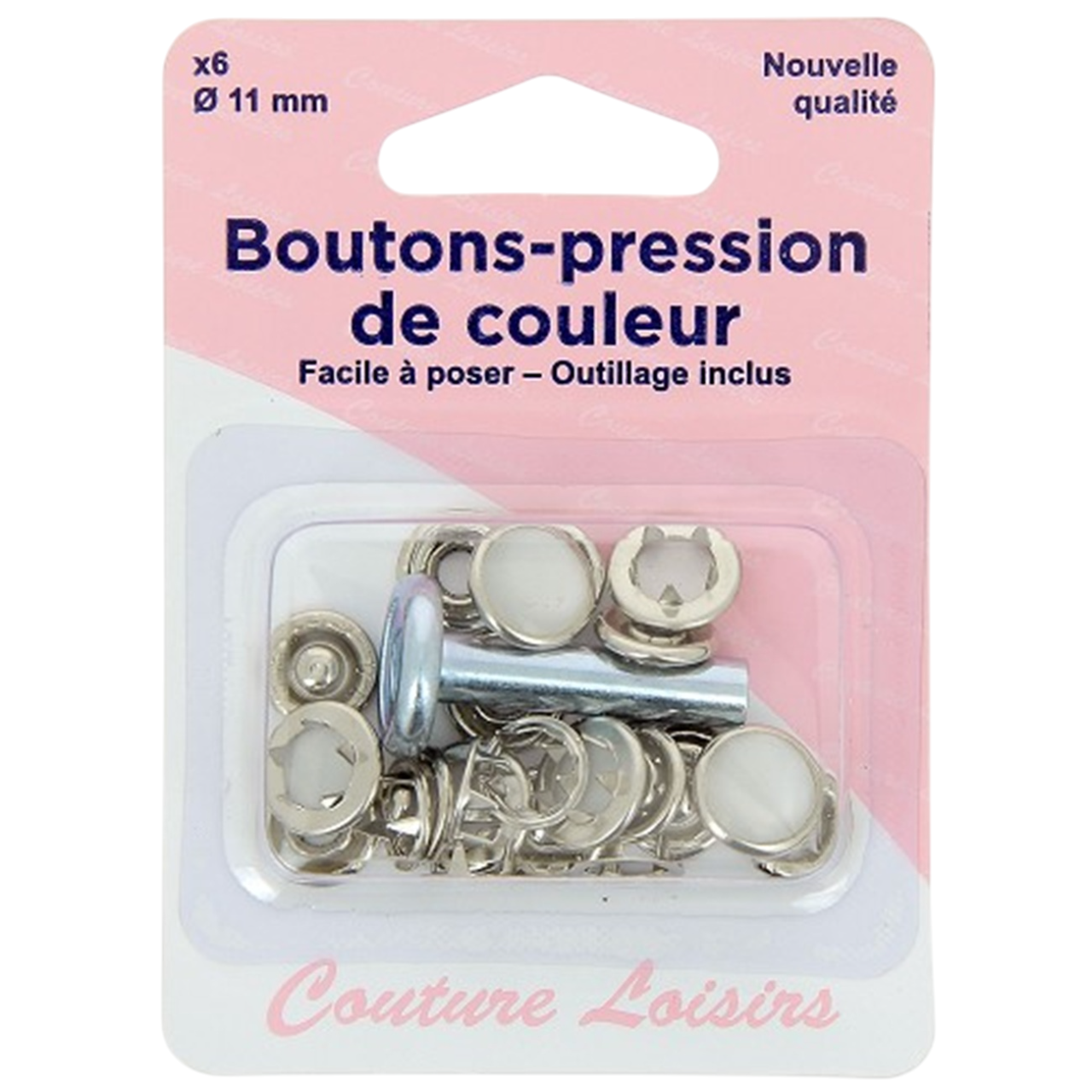 Bouton-pression - perle nacrée - Outil de pose inclus - 6 pièces - D11 mm