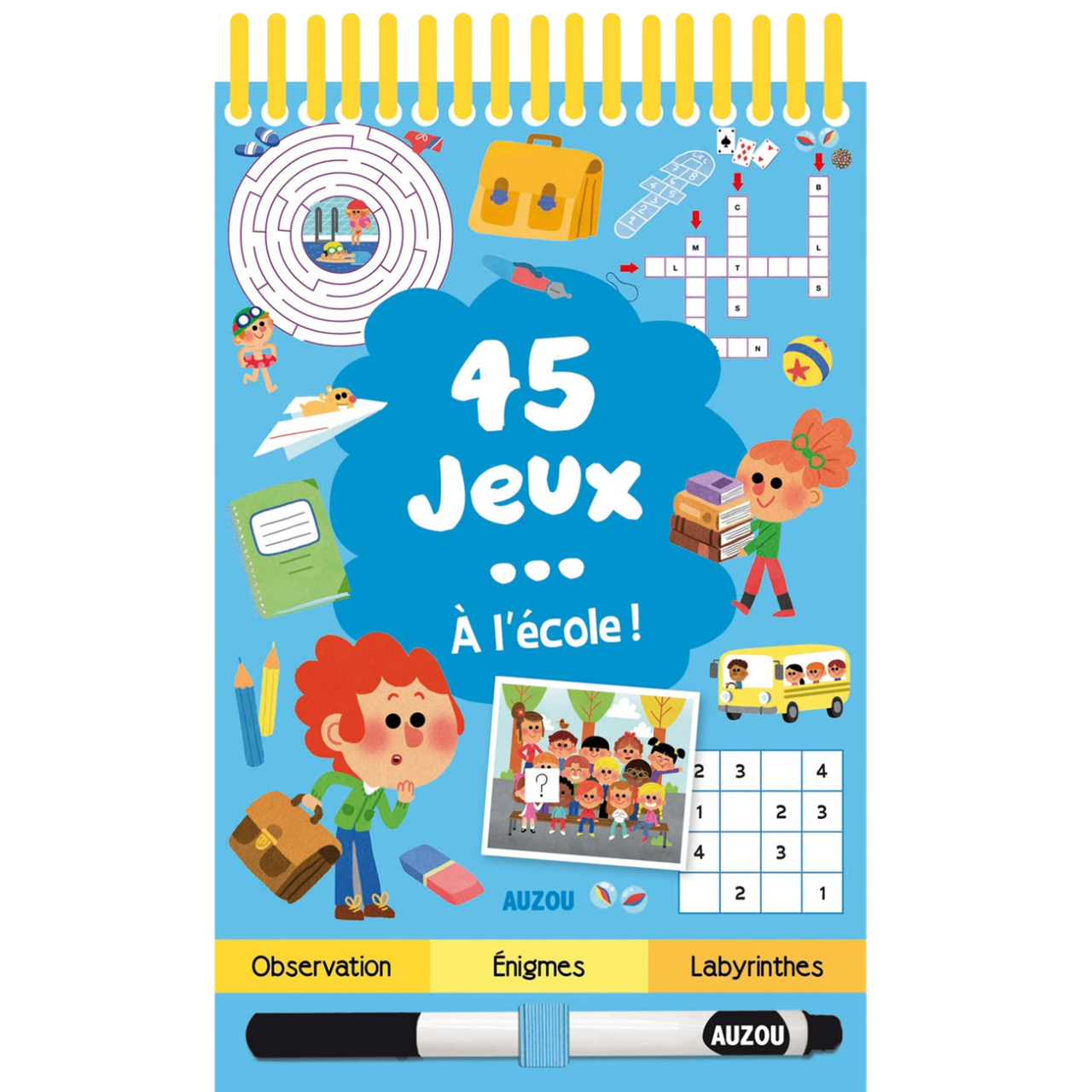 Carnet de 45 jeux effaçable + un stylo effaçable - A l'école - 12x19cm -