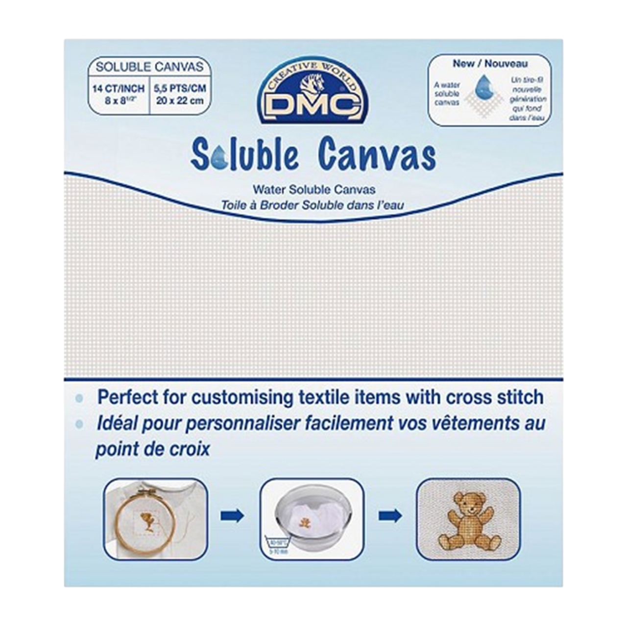 Canevas hydrosoluble DMC 20x22 cm – toile à broder 5,5 points/cm qui disparaît à l’eau. Canocea France.