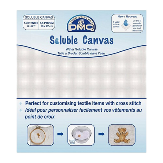 Canevas hydrosoluble DMC 20x22 cm – toile à broder 5,5 points/cm qui disparaît à l’eau. Canocea France.