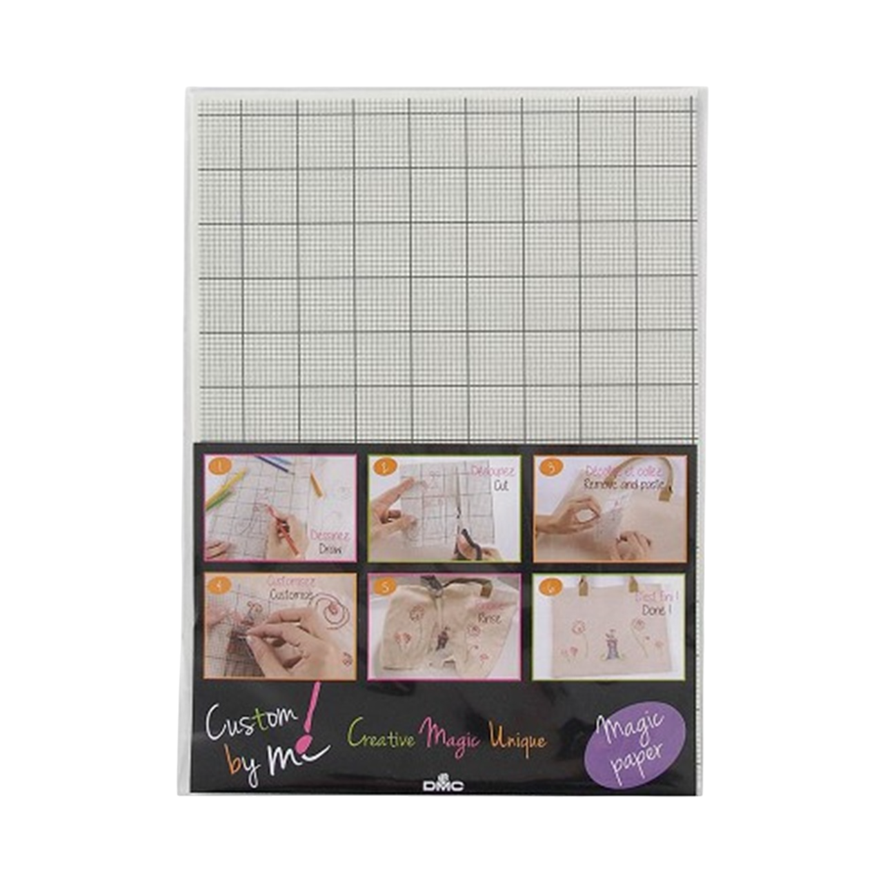 Feuille magique DMC A4 à petits carreaux – papier hydrosoluble pour transfert de broderie. Canocea France.
