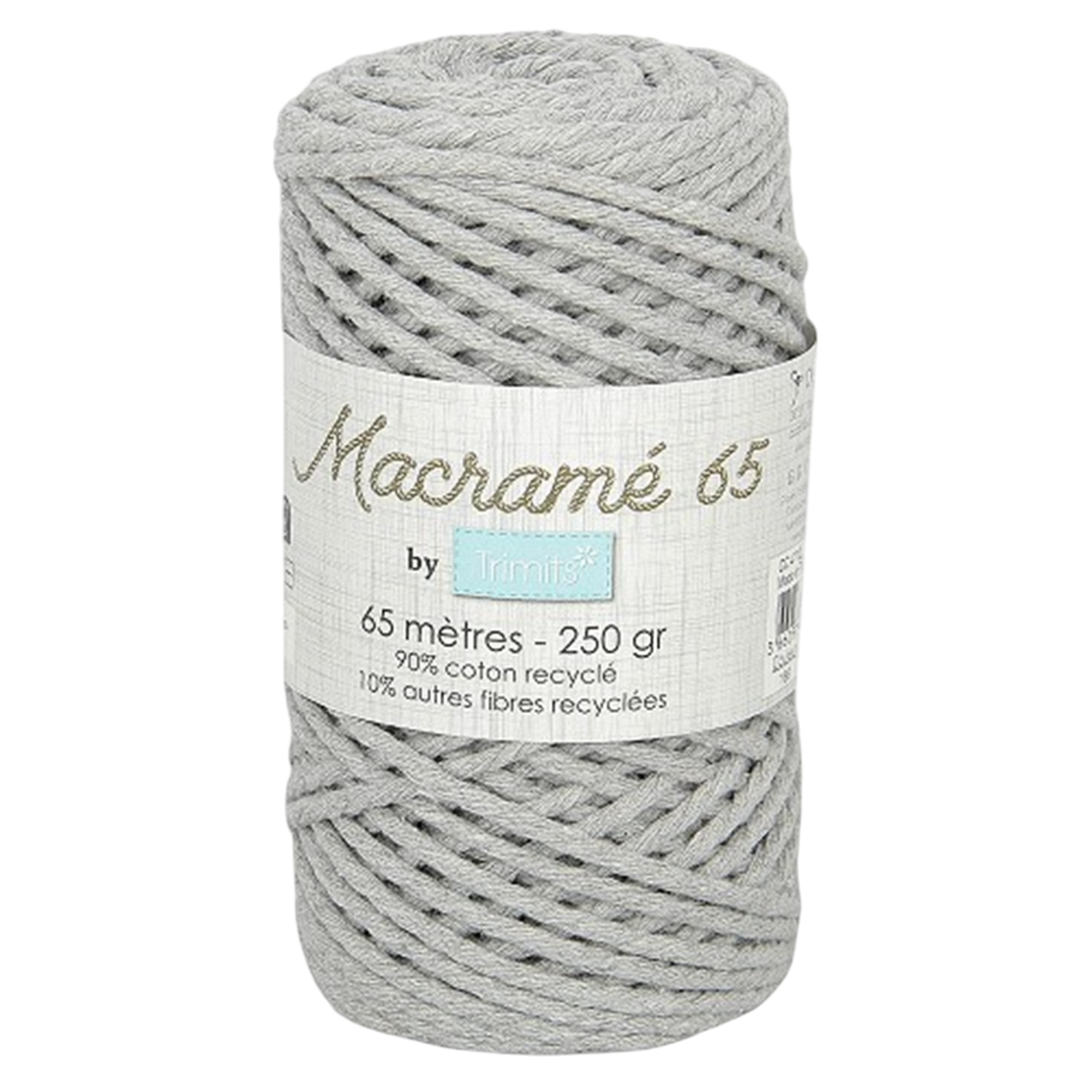 Fil macramé tressé - gris - 3mm X 65m - 90% coton naturel recyclé
