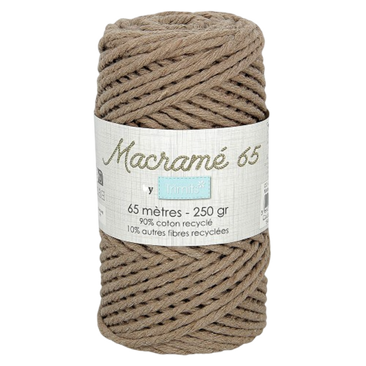 Fil macramé tressé - taupe - 3mm X 65m - 90% coton naturel recyclé