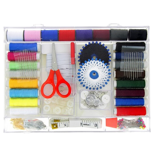 Boîte à couture compacte avec ciseaux, fils, aiguilles, épingles, boutons et accessoires essentiels. Canocea
