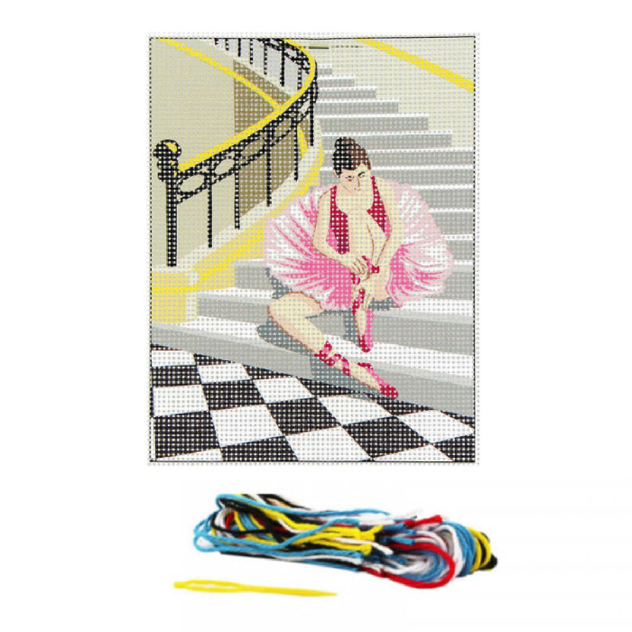 pack complet canevas contenant une toile imprimé avec une danseuse, des fils, la notice, et une aiquilles. Canocea France