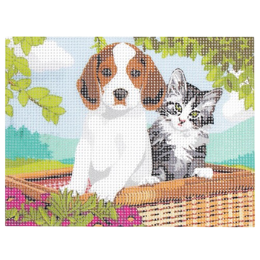 Kit canevas broderie Chaton et Chiot 15x20 cm – toile imprimée, fils, aiguille. Canocea France.