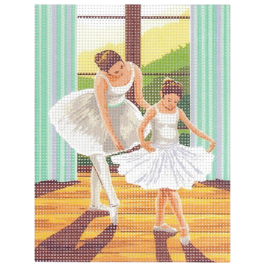 Kit canevas École de danse 15x20 cm avec toile imprimée, fils coton et aiguille. Canocea France.