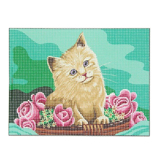 Kit complet canevas Chaton dans panier 15x20 cm avec toile imprimée, fils et aiguille. Canocea France.
