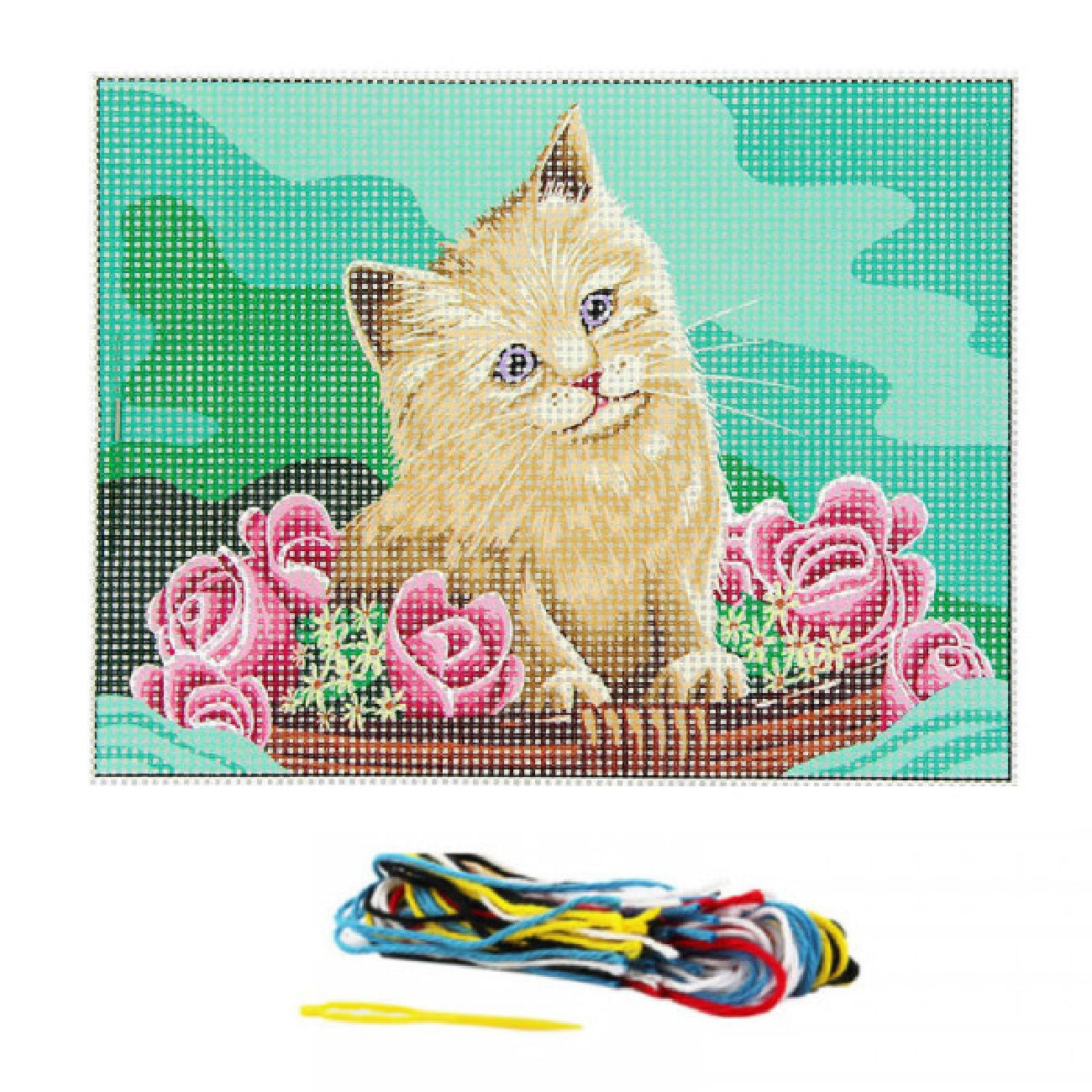 kit complet de canevas coton contenant une toile imprimée chat, des fils, une aiguilles et surtout la notice pour vous permettre de réaliser facilement  cette broderie